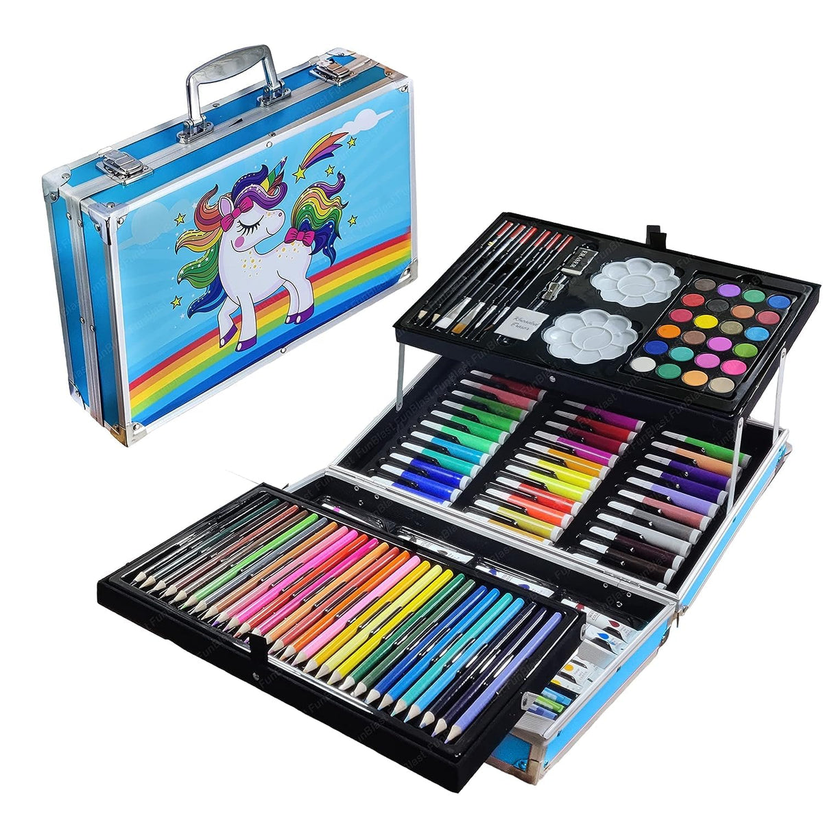 T-110-2 - Deluxe Art Set Box & Drawing Kit with Crayons, Oil Pastels, Colored Pencil Deluxe Gift Art (145 Pcs Art Set -Pink unicon)