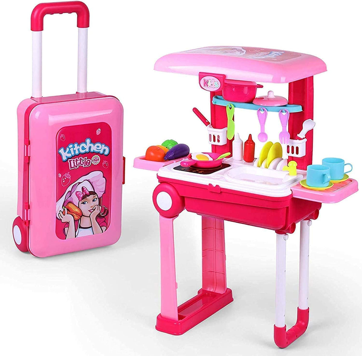 T-106 - Little Chef 2 in 1 Kitchen Play Set, Pretend Play Luggage Kitchen Kit For Kids With Suitcase Trolley Carrycase With Sound - Lights and Accessories Included Multicolor (Kitchen Play Set)