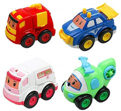 T-109 - Attractive Unbreakable Automobile Friction Powered Pull Back Car Truck Emergency Vehicles Toy Set for Kids - 4 Toys Ambulance, Fire Truck, Helicoptor .