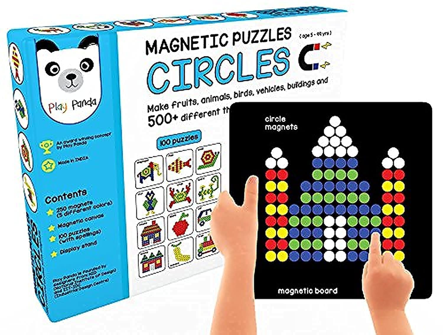 T-121 - Play Panda Magnetic Puzzles : Circles with 250 Colorful Magnets, Magnetic Board, 100 Puzzles and Display Stand