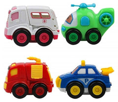 T-109 - Attractive Unbreakable Automobile Friction Powered Pull Back Car Truck Emergency Vehicles Toy Set for Kids - 4 Toys Ambulance, Fire Truck, Helicoptor .