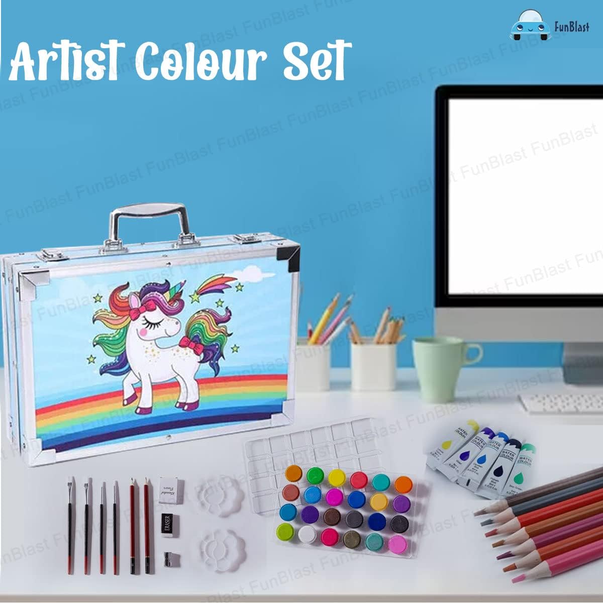 T-110-2 - Deluxe Art Set Box & Drawing Kit with Crayons, Oil Pastels, Colored Pencil Deluxe Gift Art (145 Pcs Art Set -Pink unicon)