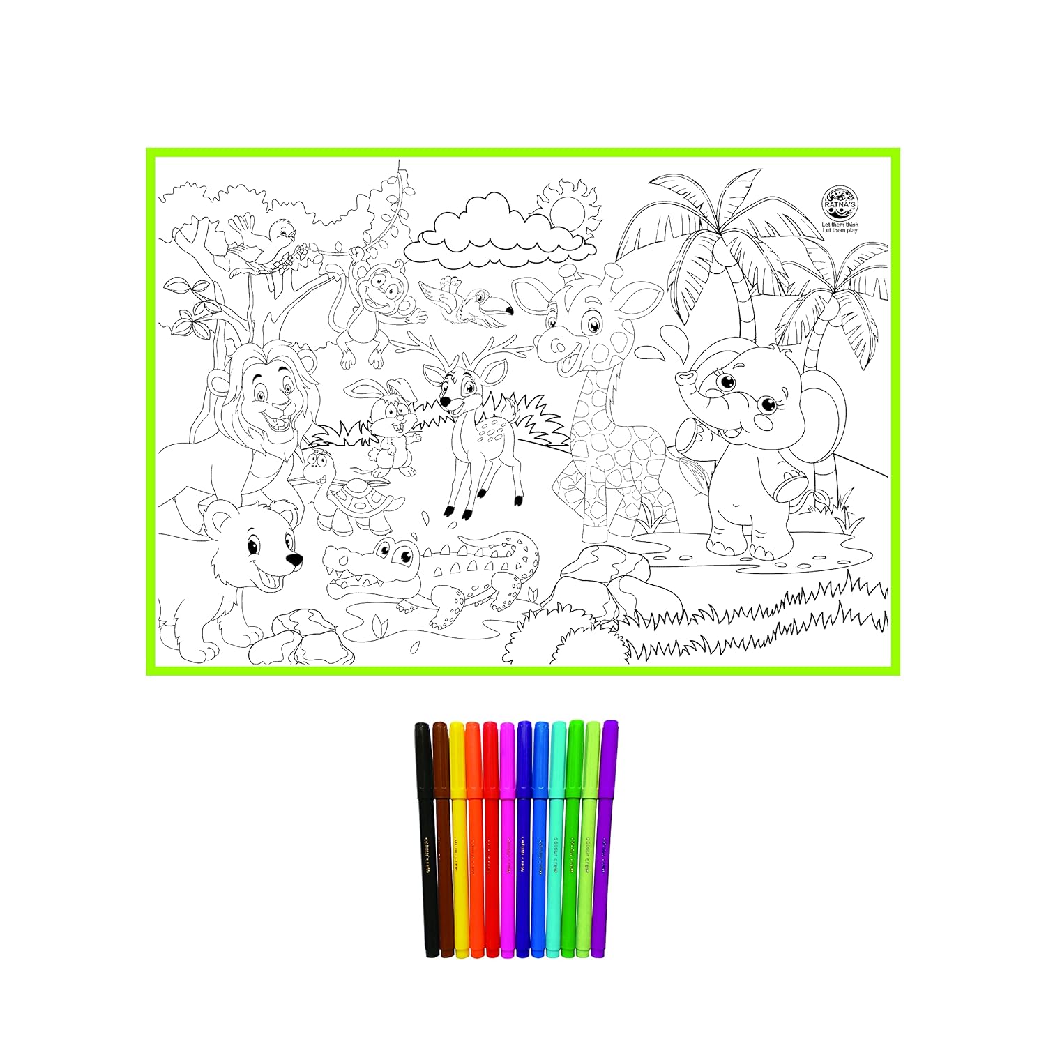 T-123-1 - Ratna's My Coloring Mat Jungle Printed Mat of Size 40 x 27 Inches, Washable & Reusable Colouring Kit for Kids 3+ Years