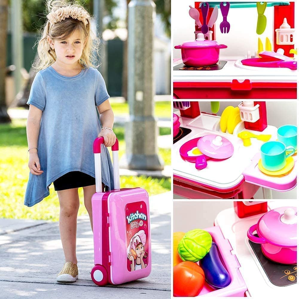 T-106 - Little Chef 2 in 1 Kitchen Play Set, Pretend Play Luggage Kitchen Kit For Kids With Suitcase Trolley Carrycase With Sound - Lights and Accessories Included Multicolor (Kitchen Play Set)