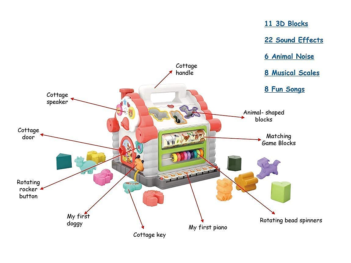 T-102 - Hola House Party Educational Toys, Baby House with Shape Sorters, Musical Piano Keys, Counting Math Beads Blocks Activity Play Cube for Children Baby, Boys and Girls(Multi Color)