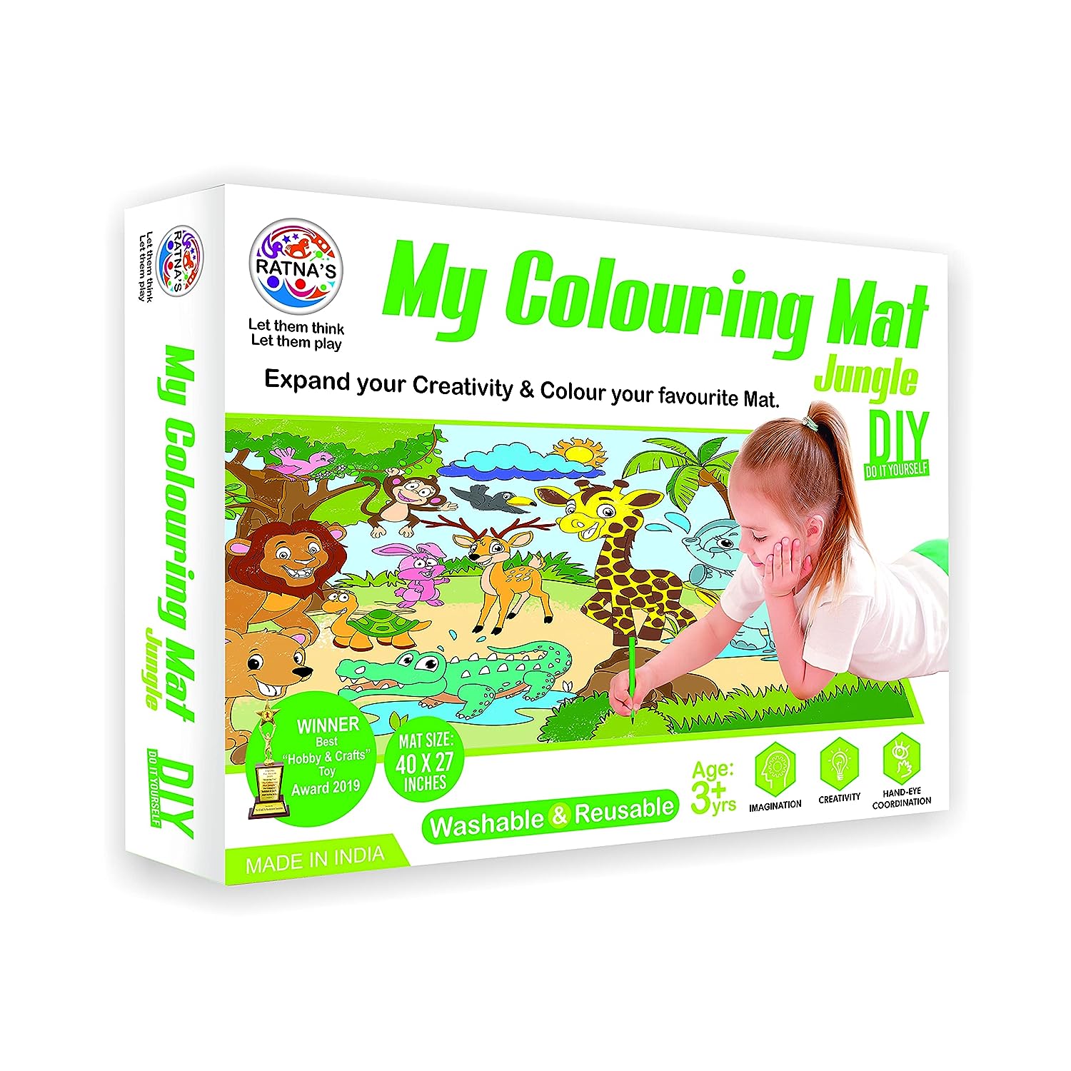 T-123-1 - Ratna's My Coloring Mat Jungle Printed Mat of Size 40 x 27 Inches, Washable & Reusable Colouring Kit for Kids 3+ Years